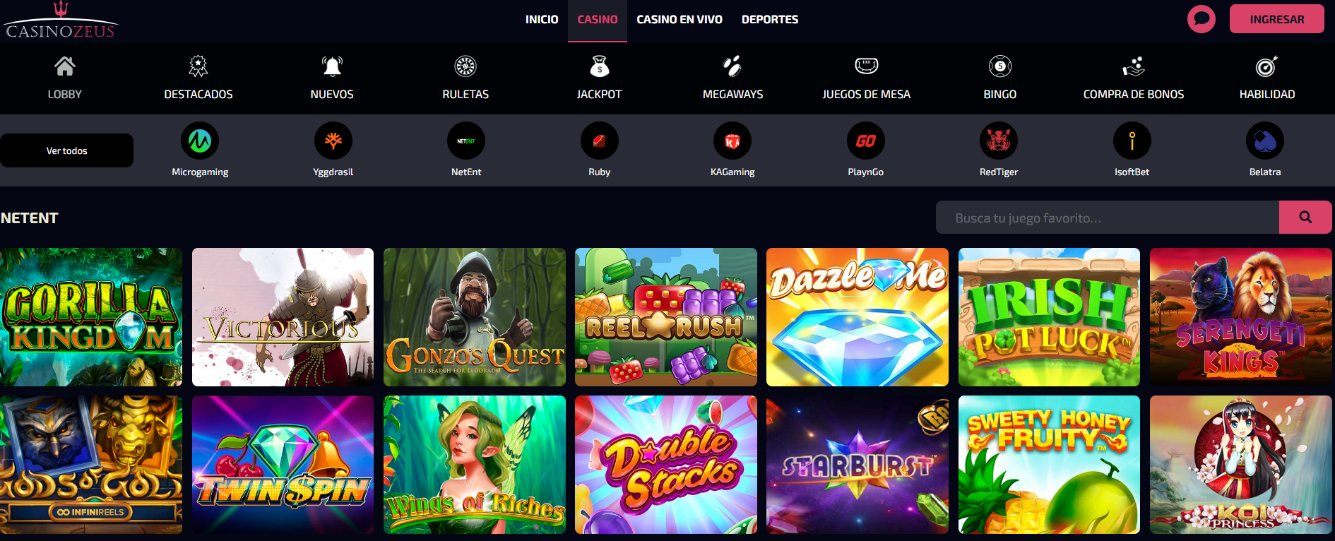 Vista de tragaperras de casino zeta con iconografía de tesoros y colores negro y dorado