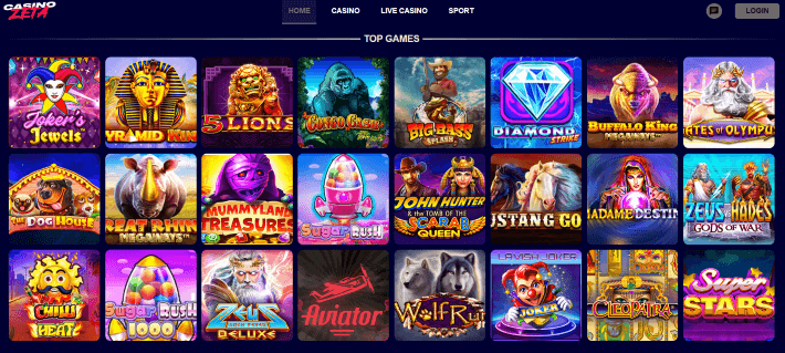 Interfaz de juego general de casino zeta con navegación clara y elementos destacados